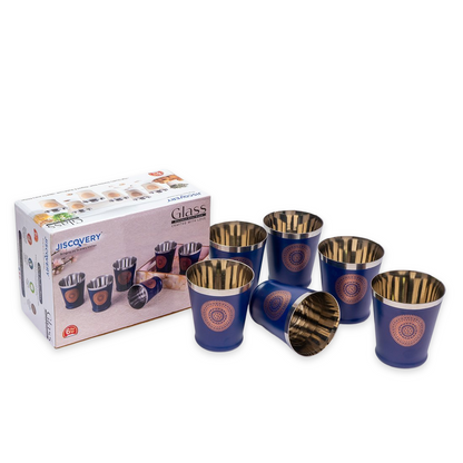 JISCOVERY Stainless Steel Printed Glasses Set of 6 Bucket shape Blue color