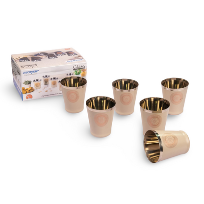 JISCOVERY Stainless Steel Printed Glasses Set of 6 Bucket shape Coffee brown color