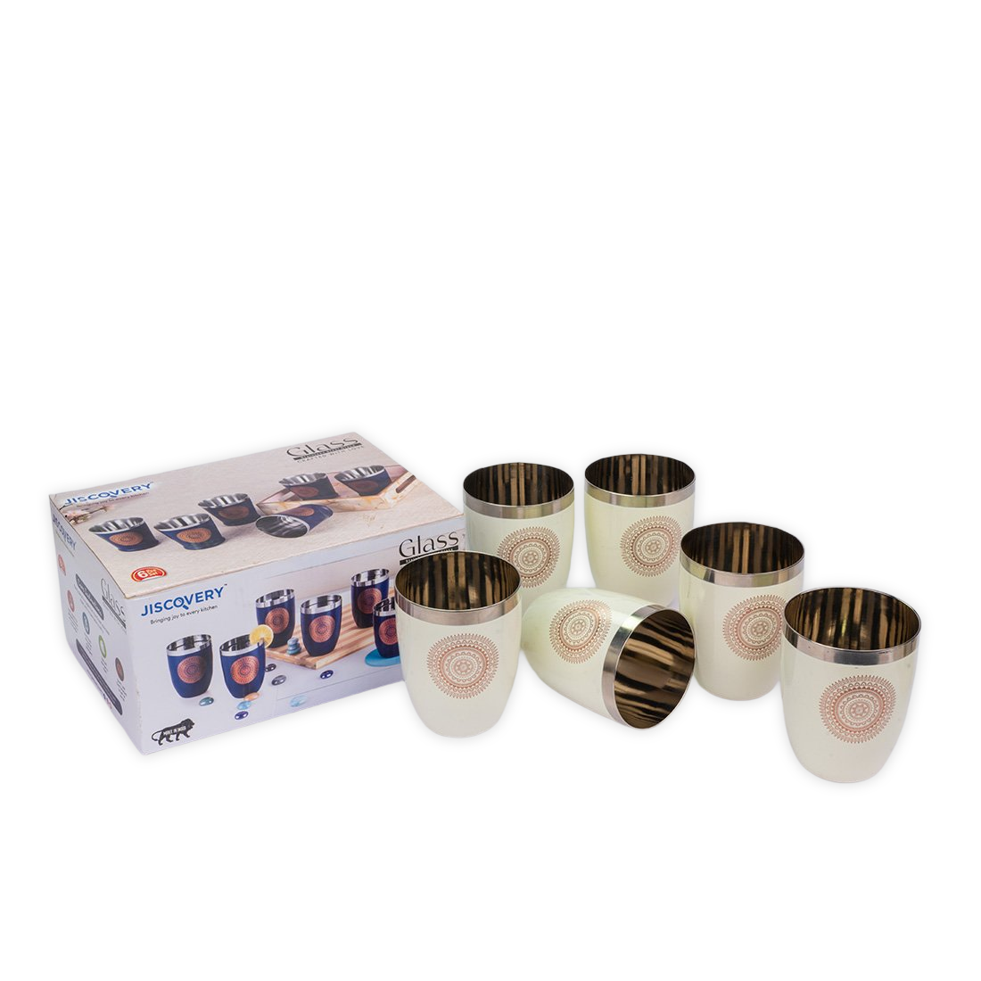 JISCOVERY Stainless Steel Printed Round Glasses Set of 6 Lotus Shape Beige Color