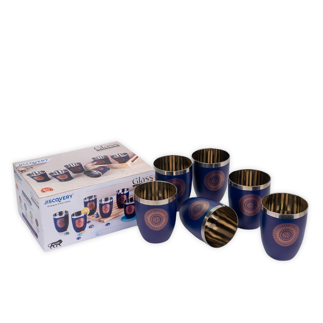 JISCOVERY Stainless Steel Printed Round Glasses Set of 6 Lotus shape Blue Color