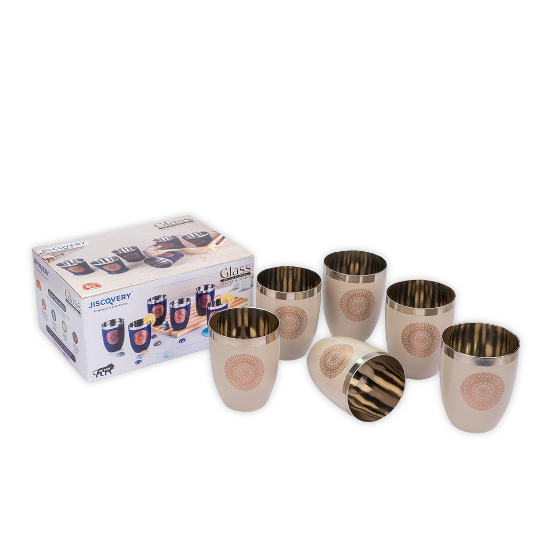 JISCOVERY Stainless Steel Printed Round Glasses Set of 6 Lotus Shape Coffee Brown Color