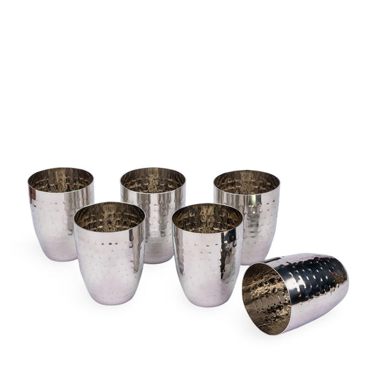 JISCOVERY Stainless Steel Round Glasses Set of 6| Glass for Water, Lassi, Milk & Juice| Glass Tumbler| Daily Use Water Drinking Glass| Hammered Design Glass| Silver| Capacity- 350 ML (Copy)