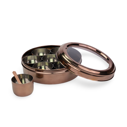 JISCOVERY Stainless Steel Airtight 7 Containers Rose gold Masala Box With Transparent Lid
