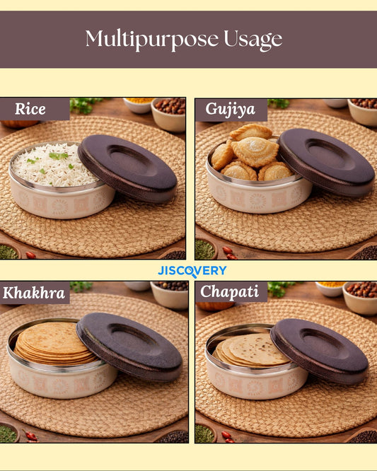 JISCOVERY Stainless Steel Designer Airtight Multipurpose Box | Storage Dabba| Multipurpose Container for Kitchen| Roti Dabba| Warm and Fresh Food| 1000 ML (Coffee)