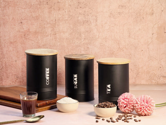 JISCOVERY Stylish Kitchen Storage Jars - Tea, Sugar & Coffee Container Set of 3 Black Canisters
