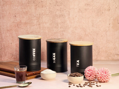 JISCOVERY Stylish Kitchen Storage Jars - Tea, Sugar & Coffee Container Set of 3 Black Canisters