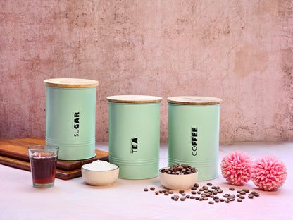 JISCOVERY Premium Stylish Printed Stainless Steel Kitchen Canisters - Tea, Coffee, Sugar Set of 3 Green