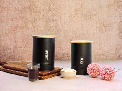 JISCOVERY Metal Airtight Storage Tea & Sugar Container Jars Set of 2 Black