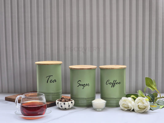 JISCOVERY Stylish Kitchen Storage Jars - Tea, Sugar & Coffee Container Set of 3 Green Canisters