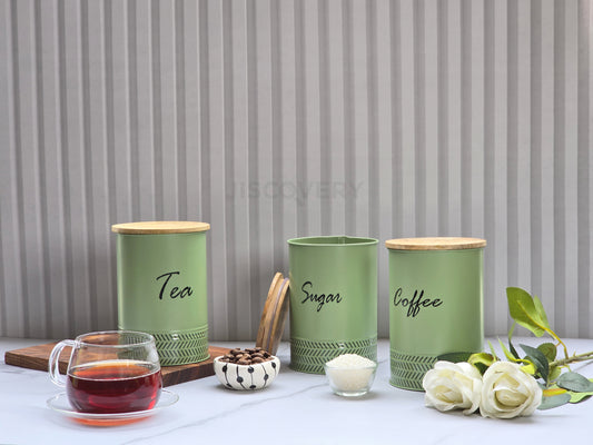 JISCOVERY Stylish Kitchen Storage Jars - Tea, Sugar & Coffee Container Set of 3 Green Canisters