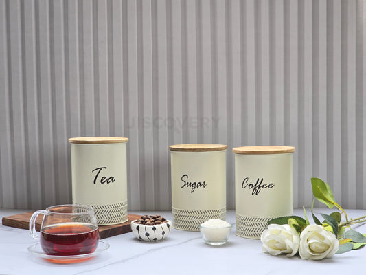 JISCOVERY Airtight Storage Canisters - Tea, Coffee & Sugar Jars Set Of 3 Ivory