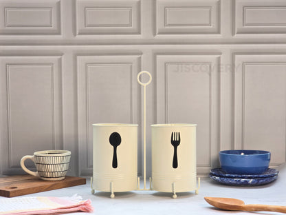 JISCOVERY Tabletop Spoon & Fork Holder - Kitchen Storage Stand | Ivory Cutlery Stand For Dining