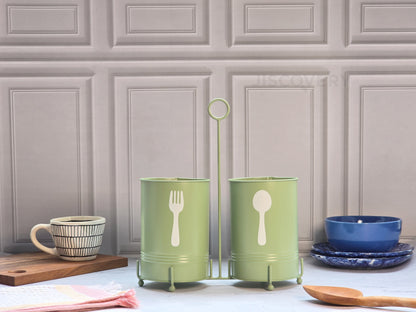 JISCOVERY Dual Cutlery Holder Stand Green- Fork & Spoon Design For Dining