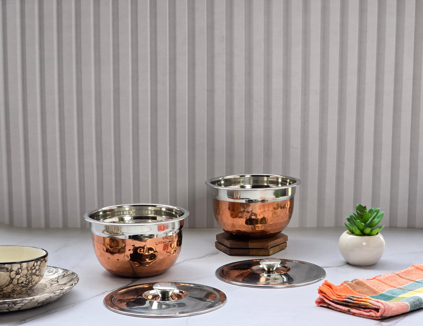 JISCOVERY Stainless Steel Medium Serving Bowl Set of 2 with Lid | Dinner Table Serving Bowls
