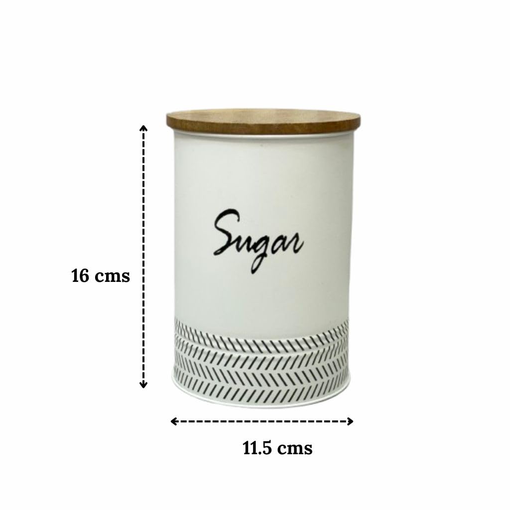 JISCOVERY Airtight Tea & Sugar Container Set of 2| Metal Storage Canister with Wooden Lid for Kitchen| Storage Box for Kitchen Counter Top| 1300 ML| White
