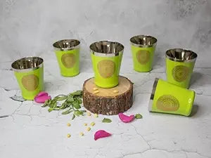 JISCOVERY Stainless Steel Printed Glasses Set of 6 Bucket shape Green Color