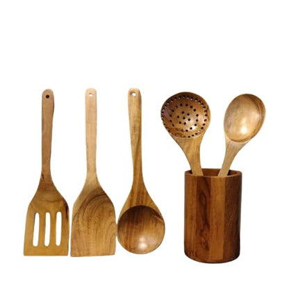 JISCOVERY Wooden Spoon Set of 5 with Holder