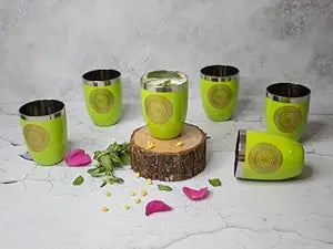JISCOVERY Stainless Steel Printed Glasses Set of 6 Bucket shape Green Color
