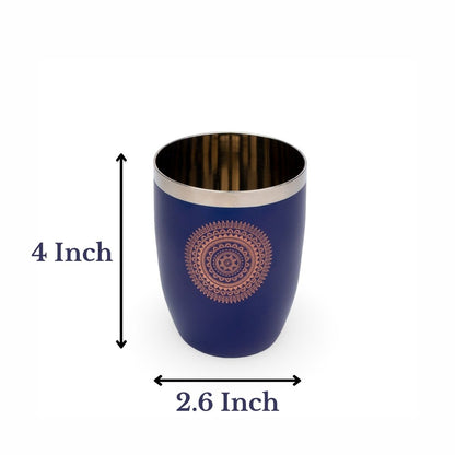 JISCOVERY Stainless Steel Printed Round Glasses Set of 6 Lotus shape Blue Color