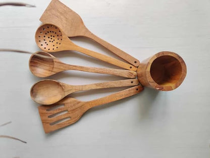 JISCOVERY Wooden Spoon Set of 5 with Holder