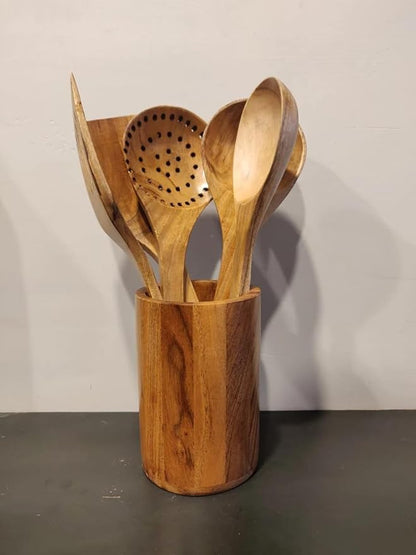 JISCOVERY Wooden Spoon Set of 5 with Holder
