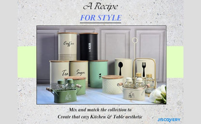 JISCOVERY Airtight Tea & Sugar Container Set of 2| Metal Storage Canister with Wooden Lid for Kitchen| Storage Box for Kitchen Counter Top| 1300 ML| White