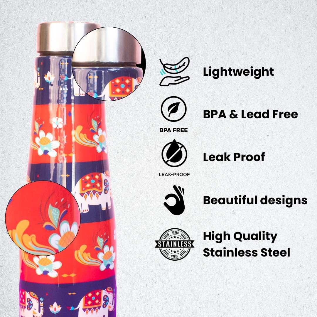 JISCOVERY Premium Stainless Steel Water Bottle| Red Elephant Design- 1000 ML Bottle for Office, School & Home| Leak Proof & Rust Proof