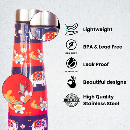 JISCOVERY Premium Stainless Steel Water Bottle| Red Elephant Design- 1000 ML Bottle for Office, School & Home| Leak Proof & Rust Proof