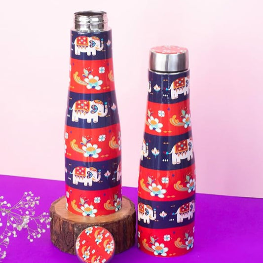 JISCOVERY Stainless Steel Printed Water Bottle Set of 2 Red Color