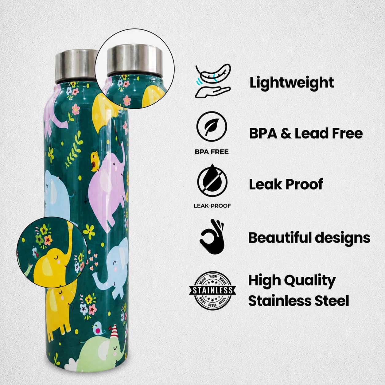 JISCOVERY Premium Stainless Steel Water Bottle| Elephant Design- 1000 ML Bottle for Office, School & Home| Leak Proof & Rust Proof