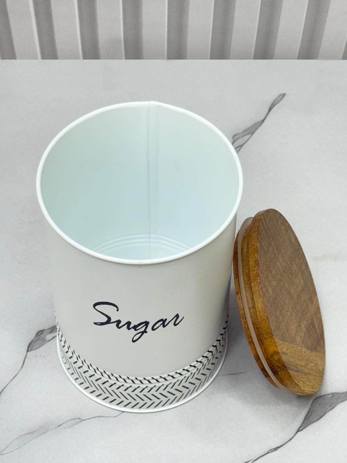 JISCOVERY Airtight Tea & Sugar Container Set of 2| Metal Storage Canister with Wooden Lid for Kitchen| Storage Box for Kitchen Counter Top| 1300 ML| White