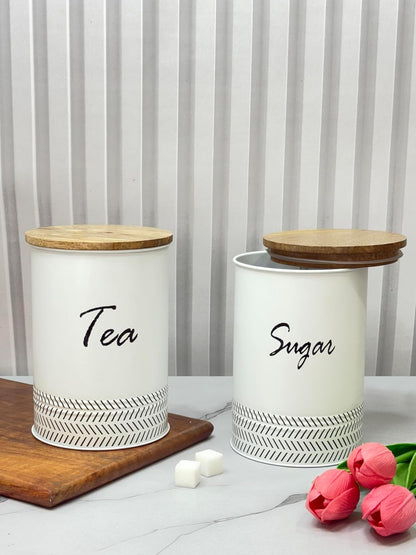 JISCOVERY Airtight Tea & Sugar Container Set of 2| Metal Storage Canister with Wooden Lid for Kitchen| Storage Box for Kitchen Counter Top| 1300 ML| White