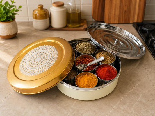JISCOVERY Stainless Steel Airtight 7 Compartments Spice Box With Solid Lid & 1 Spoon Beige Colour