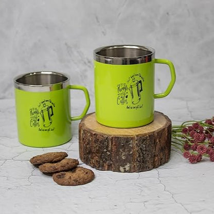 JISCOVERY Stainless Steel Coffee & Tea Mug with Printed Design Set of 2 Green Color