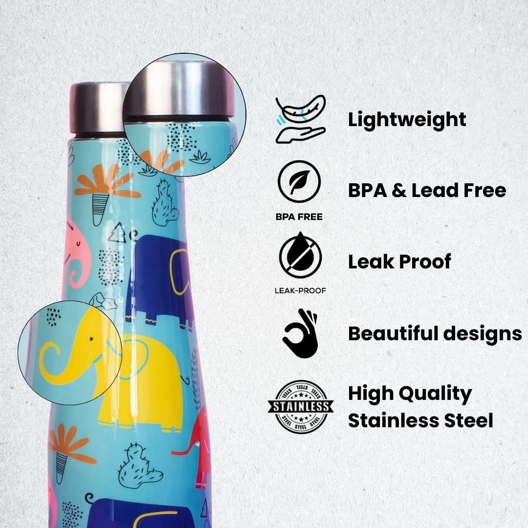 JISCOVERY Premium Stainless Steel Water Bottle| Elephant Design- 1000 ML Bottle for Office, School & Home| Leak Proof & Rust Proof