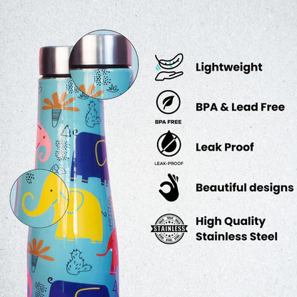 JISCOVERY Premium Stainless Steel Water Bottle| Elephant Design- 1000 ML Bottle for Office, School & Home| Leak Proof & Rust Proof