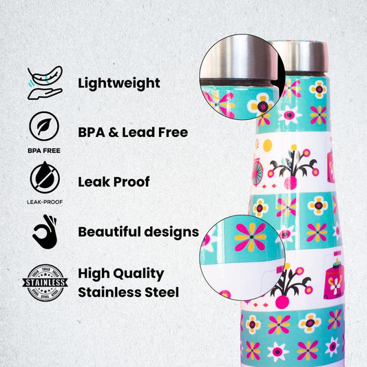 JISCOVERY Stainless Steel Printed Water Bottle Set of 2
