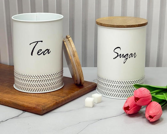 JISCOVERY Airtight Tea & Sugar Container Set of 2| Metal Storage Canister with Wooden Lid for Kitchen| Storage Box for Kitchen Counter Top| 1300 ML| White