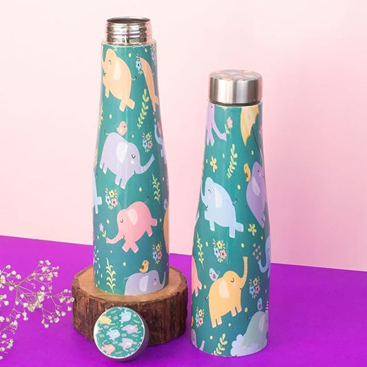 JISCOVERY Stainless Steel Printed Water Bottle Set of 2 Elephant Design