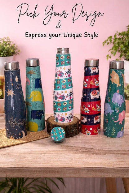 JISCOVERY Premium Stainless Steel Water Bottle| Elephant Design- 1000 ML Bottle for Office, School & Home| Leak Proof & Rust Proof
