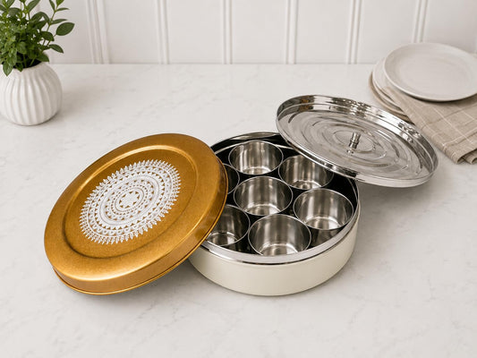 JISCOVERY Stainless Steel Airtight 7 Compartments Spice Box With Solid Lid & 1 Spoon Beige Colour