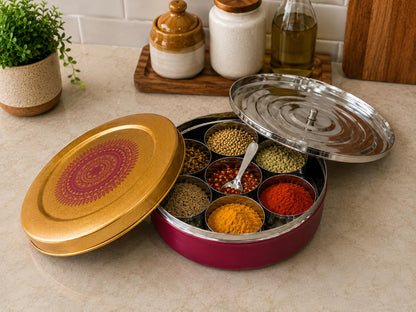 JISCOVERY Stainless Steel Airtight 7 Compartments Spice Box With Solid Lid & 1 Spoon Mehroon