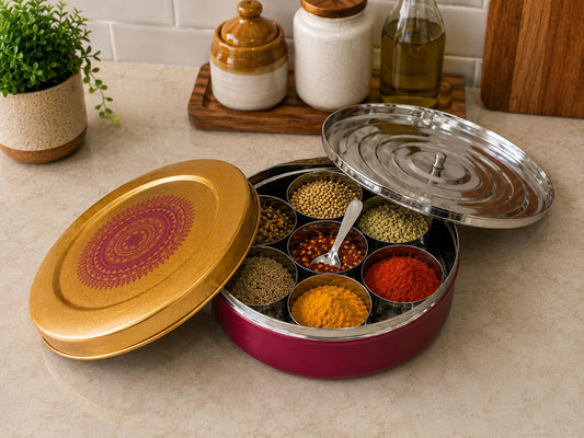 JISCOVERY Stainless Steel Airtight 7 Compartments Spice Box With Solid Lid & 1 Spoon Mehroon