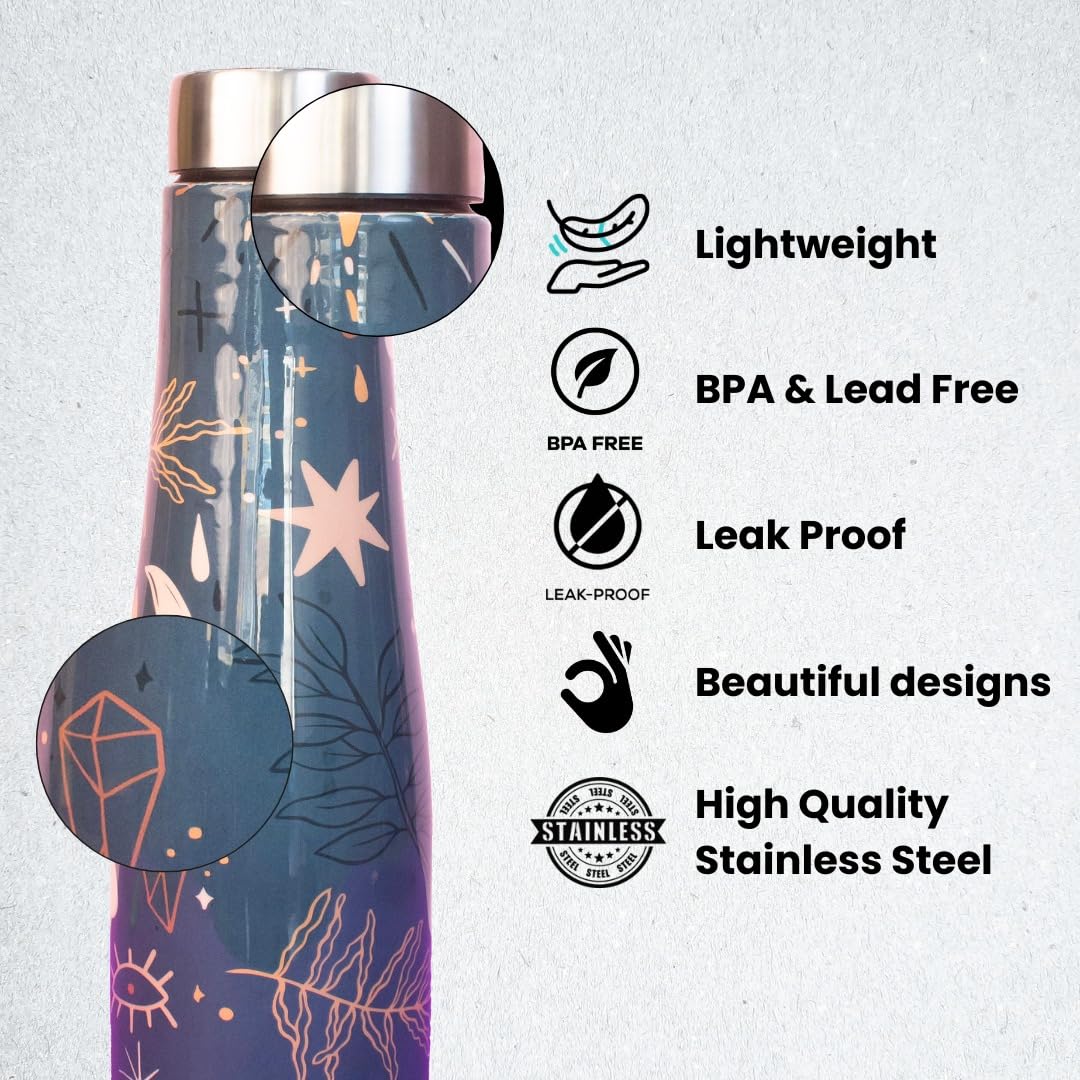 JISCOVERY Premium Stainless Steel Water Bottle| Moon Design- 1000 ML Bottle for Office, School & Home| Leak Proof & Rust Proof