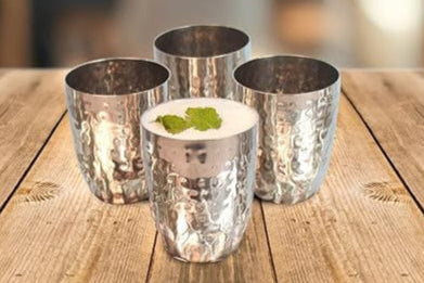 JISCOVERY Stainless Steel Round Glasses Set of 4| Glass for Water, Lassi, Milk & Juice| Glass Tumbler| Daily Use Water Drinking Glass| Hammered Design Glass| Silver| Capacity- 350 ML