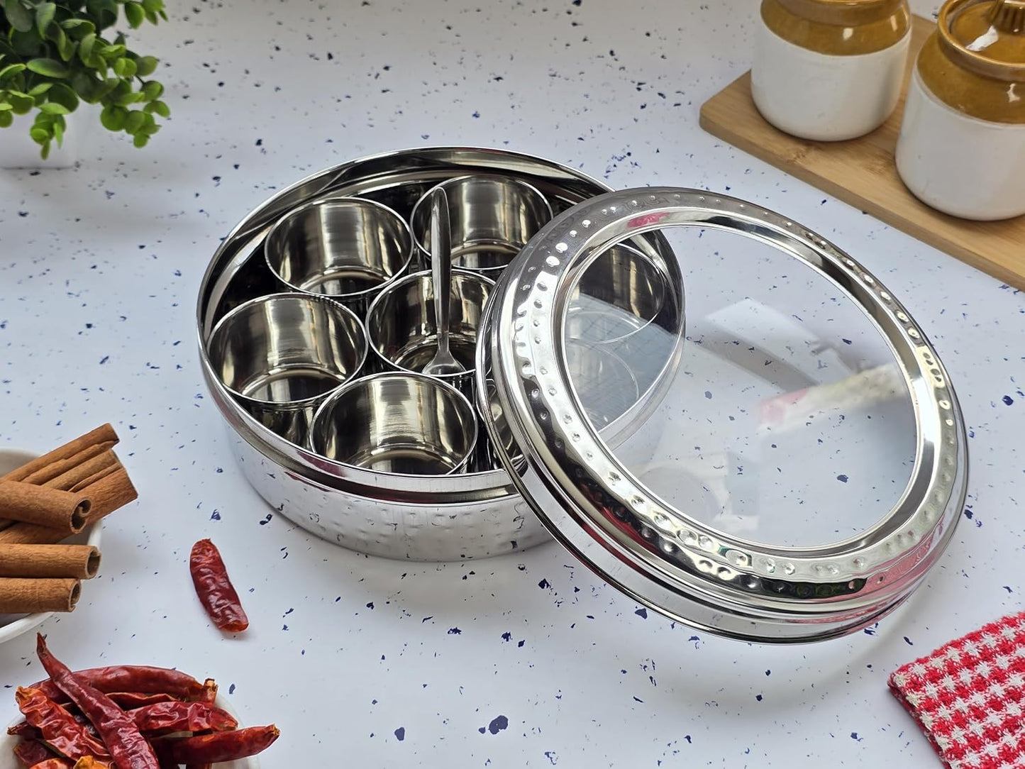 JISCOVERY Stainless Steel Airtight 7 Compartments Spice Box With Transparent Lid & 1 Spoon