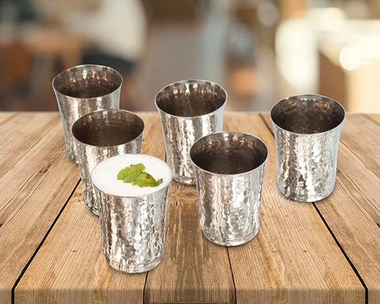 JISCOVERY Stainless Steel Bucket Glasses Set of 6| Glass for Water, Lassi, Milk & Juice| Glass Tumbler| Daily Use Water Drinking Glass| Hammered Design Glass| Silver| Capacity- 350 ML (Copy)