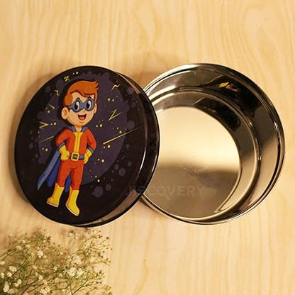 JISCOVERY Stainless Steel Airtight Square Lunch Box/Tiffin Box for Kids (Superhero Design)