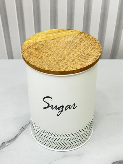 JISCOVERY Airtight Tea & Sugar Container Set of 2| Metal Storage Canister with Wooden Lid for Kitchen| Storage Box for Kitchen Counter Top| 1300 ML| White