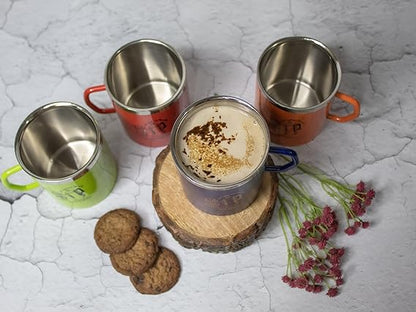 JISCOVERY Stainless Steel Coffee & Tea Mug with Printed Design Set of 4